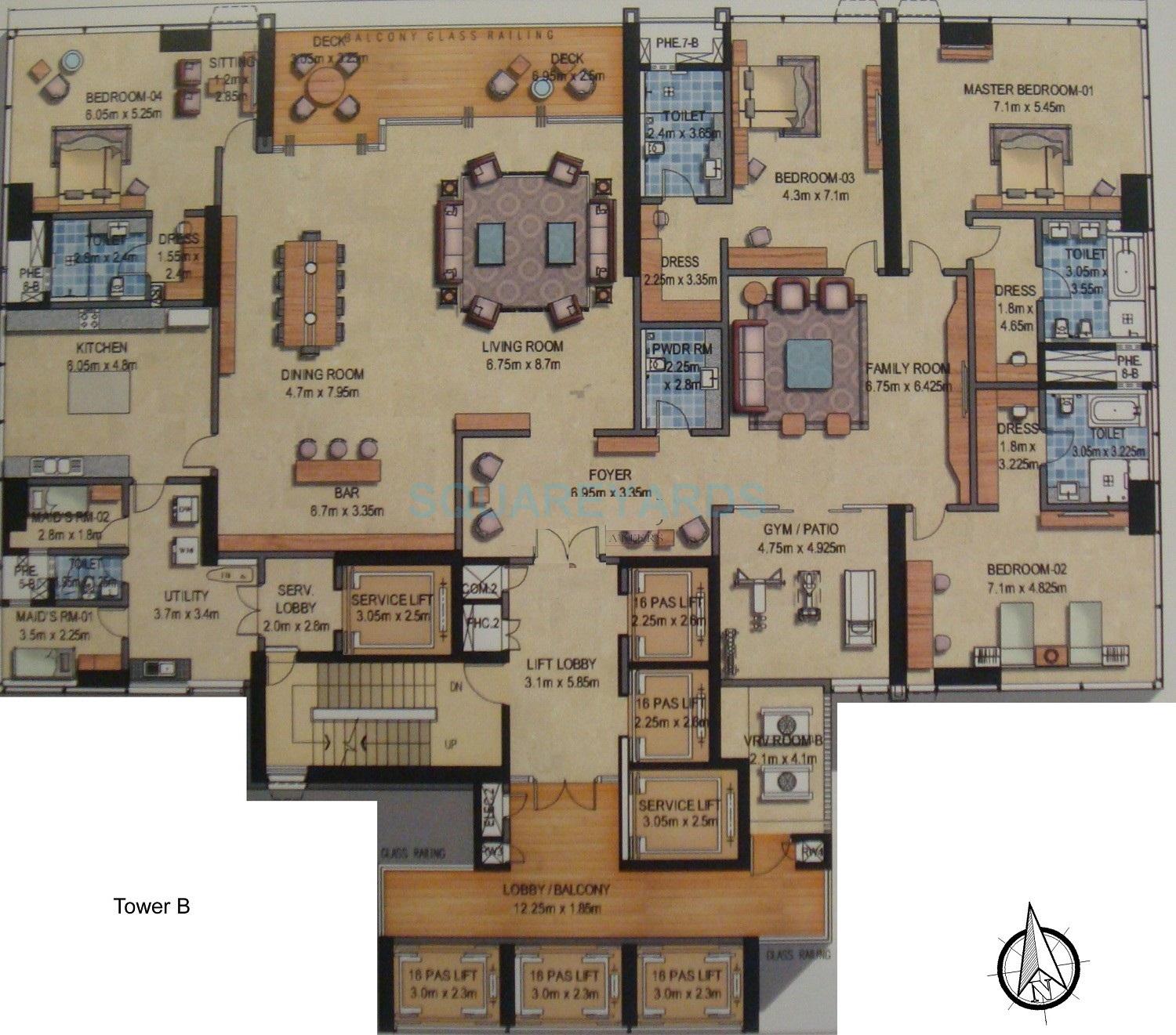 Floor plan of 4 BHK 8321 Sq. Ft. Apartment in Prestige Kingfisher Towers, Bangalore