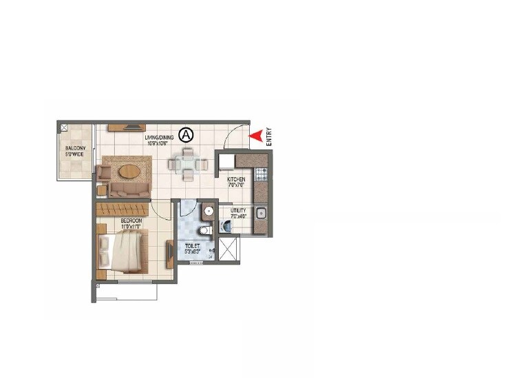 Floor plan of 1 BHK 661 Sq. Ft. Apartment in Prestige Lake Ridge, Bangalore
