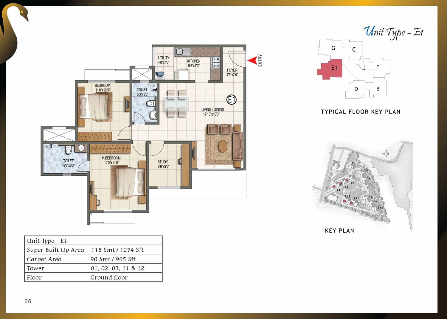Floor plan of 2 BHK 1274 Sq. Ft. Apartment in Prestige Lake Ridge, Bangalore