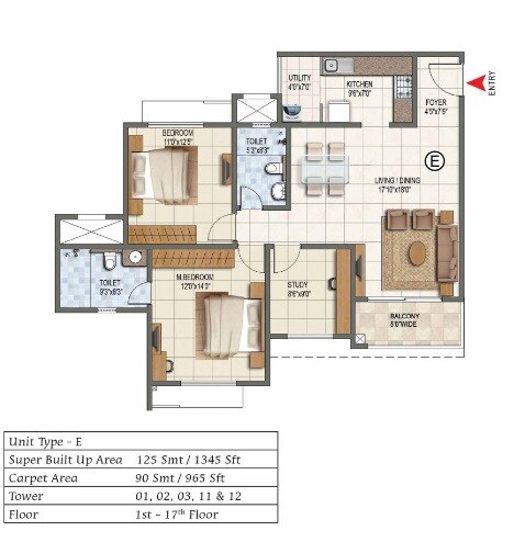 Floor plan of 2 BHK 1345 Sq. Ft. Apartment in Prestige Lake Ridge, Bangalore