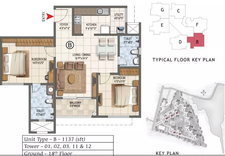 Floor plan of 2 BHK 1137 Sq. Ft. Apartment in Prestige Lake Ridge, Bangalore
