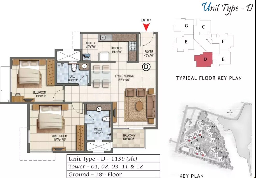 Floor plan of 2 BHK 1159 Sq. Ft. Apartment in Prestige Lake Ridge, Bangalore