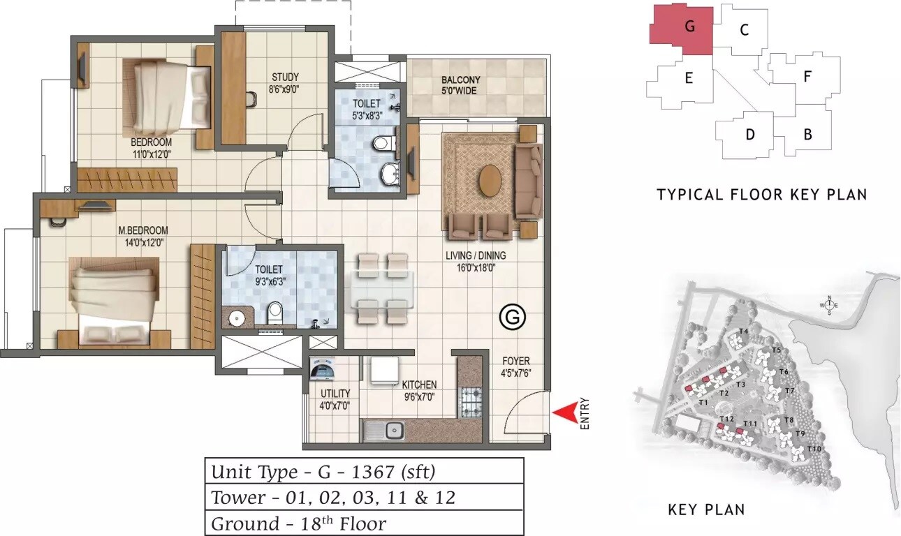 Floor plan of 2 BHK 1367 Sq. Ft. Apartment in Prestige Lake Ridge, Bangalore