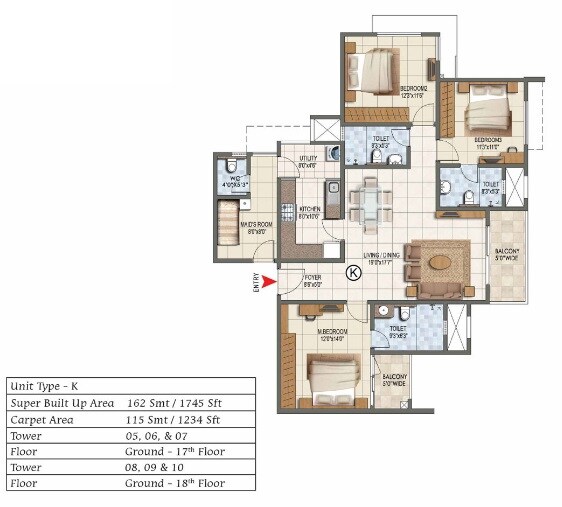 Floor plan of 3 BHK 1745 Sq. Ft. Apartment in Prestige Lake Ridge, Bangalore