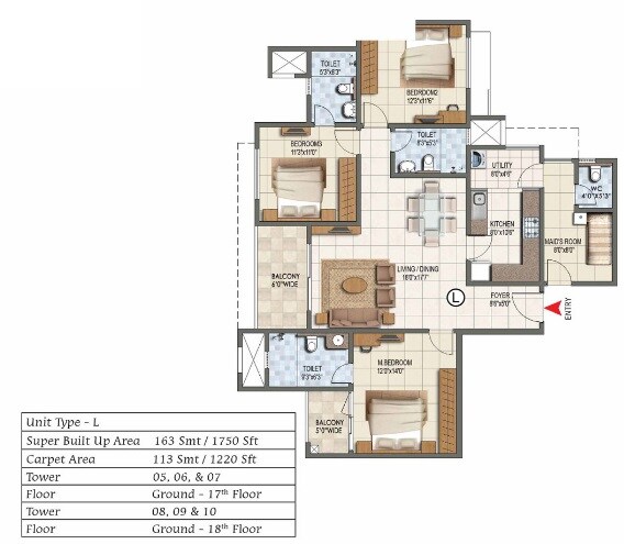 Floor plan of 3 BHK 1750 Sq. Ft. Apartment in Prestige Lake Ridge, Bangalore