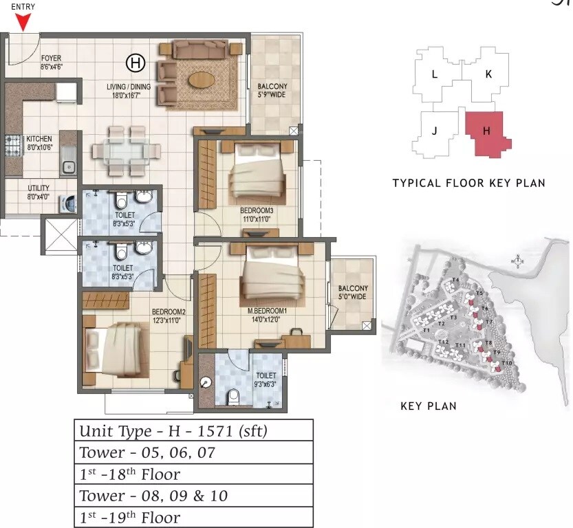 Floor plan of 3 BHK 1571 Sq. Ft. Apartment in Prestige Lake Ridge, Bangalore