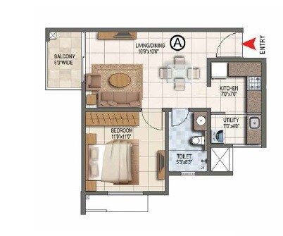 Floor plan of 1 BHK 661 Sq. Ft. Apartment in Prestige Lake Ridge Phase 2, Bangalore