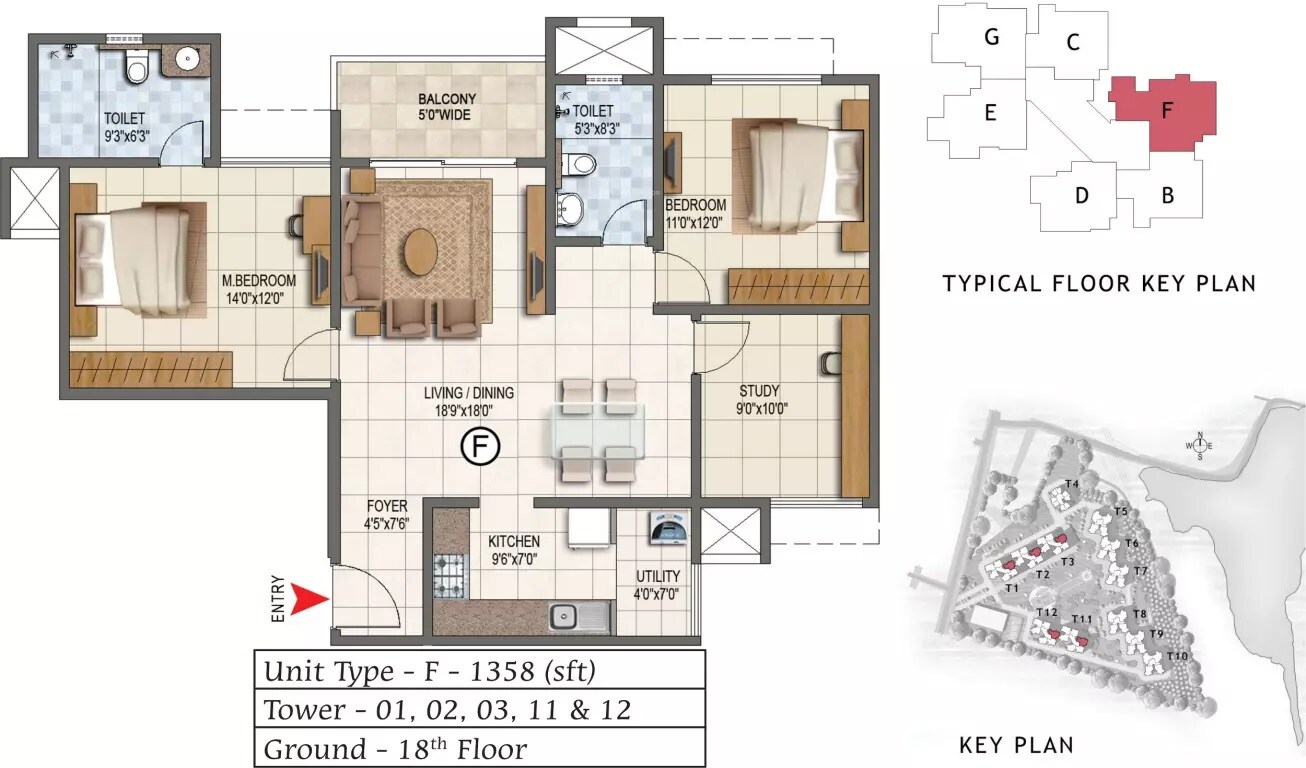 Floor plan of 3 BHK 1358 Sq. Ft. Apartment in Prestige Lake Ridge Phase 2, Bangalore