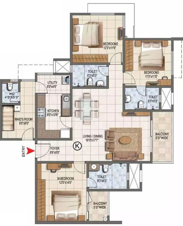 Floor plan of 3 BHK 1745 Sq. Ft. Apartment in Prestige Lake Ridge Phase 2, Bangalore