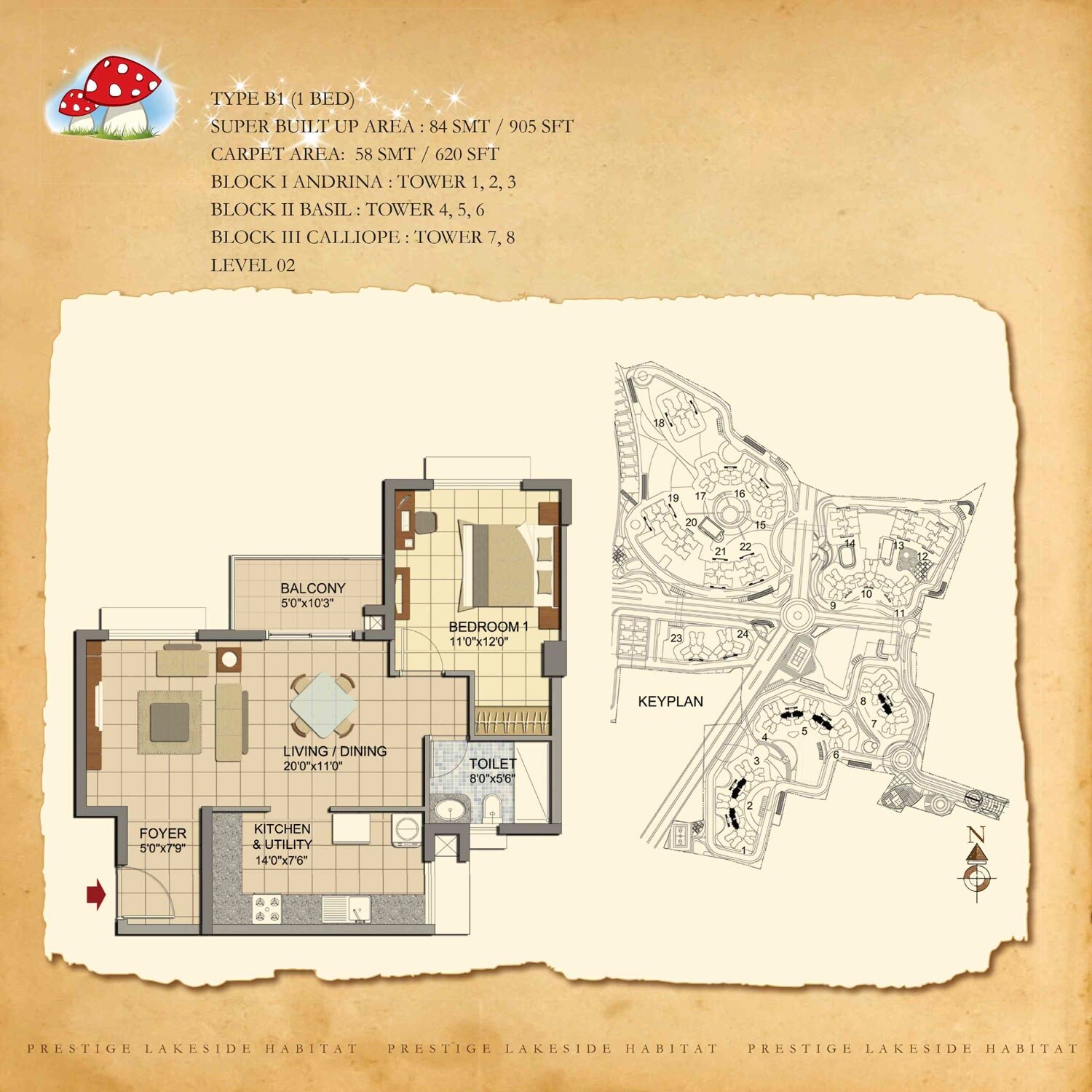 Floor plan of 1 BHK 905 Sq. Ft. Apartment in Prestige Lakeside Habitat, Bangalore