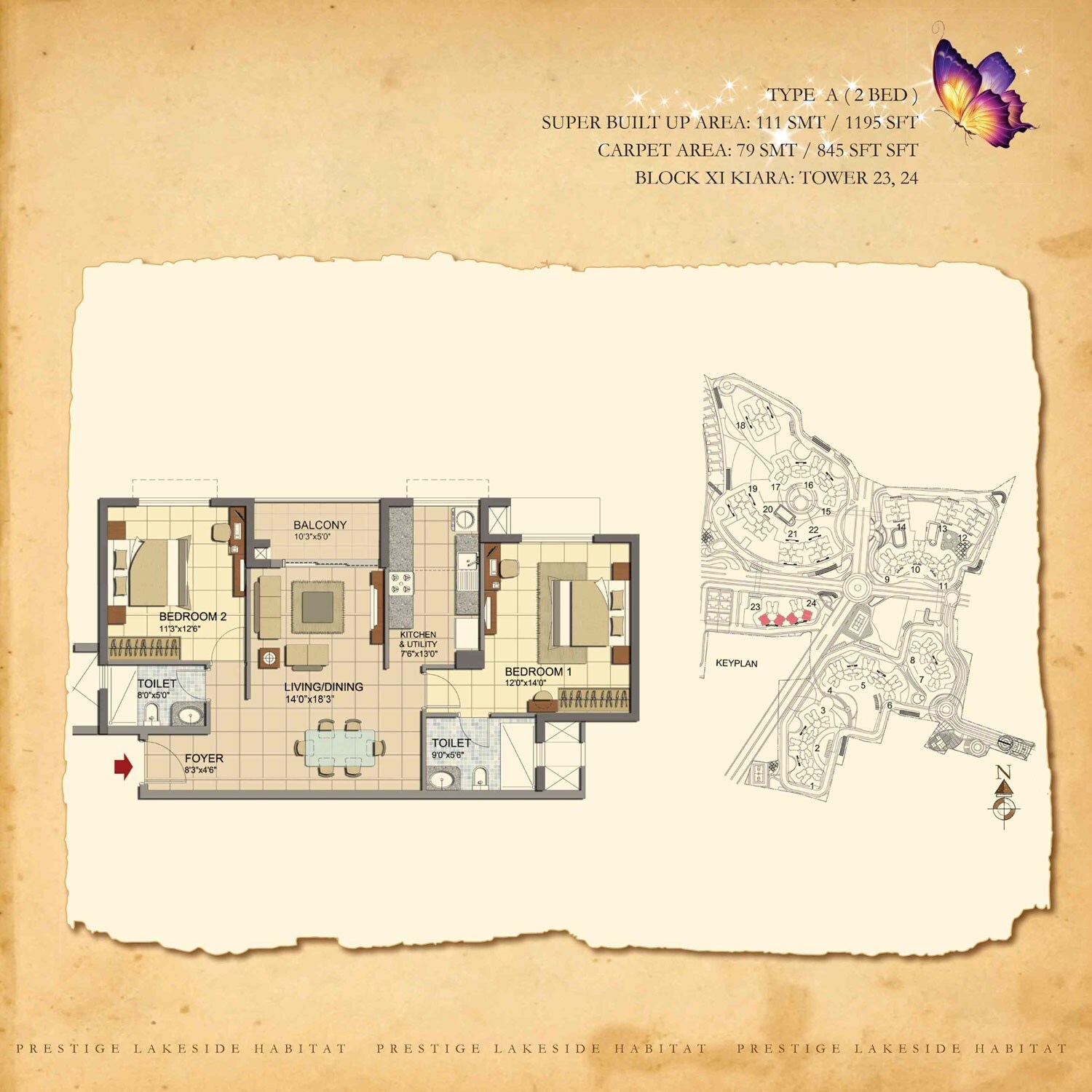 Floor plan of 2 BHK 1195 Sq. Ft. Apartment in Prestige Lakeside Habitat, Bangalore