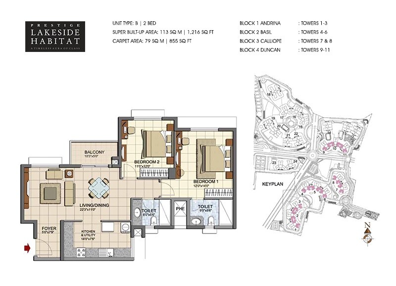 Floor plan of 2 BHK 1216 Sq. Ft. Apartment in Prestige Lakeside Habitat, Bangalore