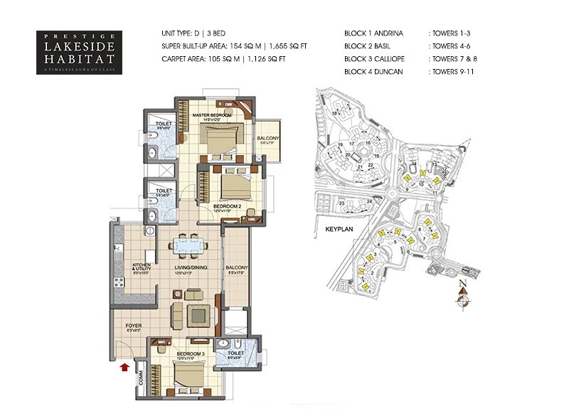 Floor plan of 3 BHK 1655 Sq. Ft. Apartment in Prestige Lakeside Habitat, Bangalore