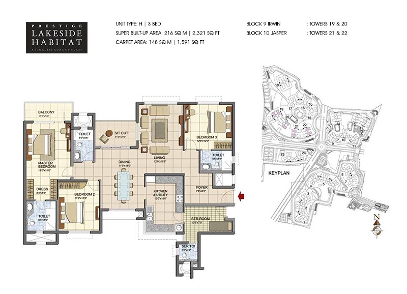 Floor plan of 3 BHK 2321 Sq. Ft. Apartment in Prestige Lakeside Habitat, Bangalore