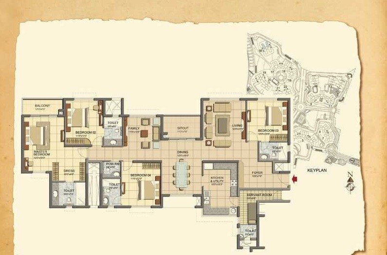 Floor plan of 4 BHK 2830 Sq. Ft. Apartment in Prestige Lakeside Habitat, Bangalore