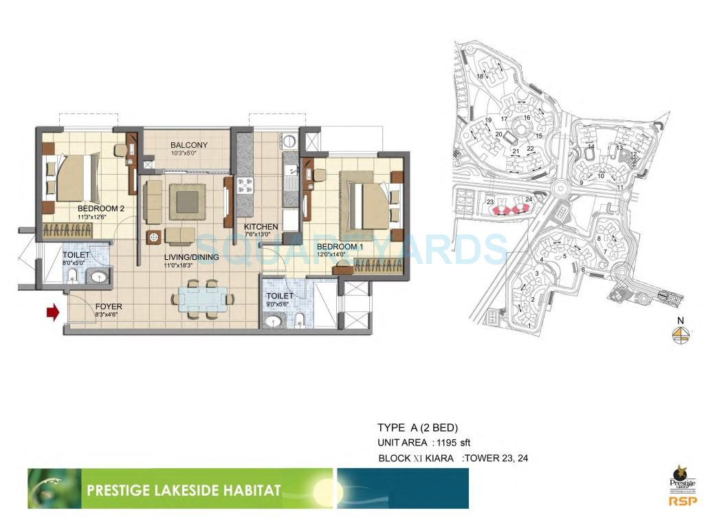 Floor plan of 2 BHK 1195 Sq. Ft. Apartment in Prestige Lakeside Habitat Apartments, Bangalore