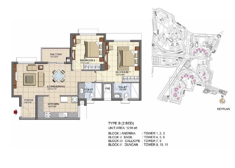 Floor plan of 2 BHK 1216 Sq. Ft. Apartment in Prestige Lakeside Habitat Apartments, Bangalore