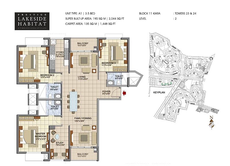 Floor plan of 3 BHK 2044 Sq. Ft. Apartment in Prestige Lakeside Habitat Apartments, Bangalore