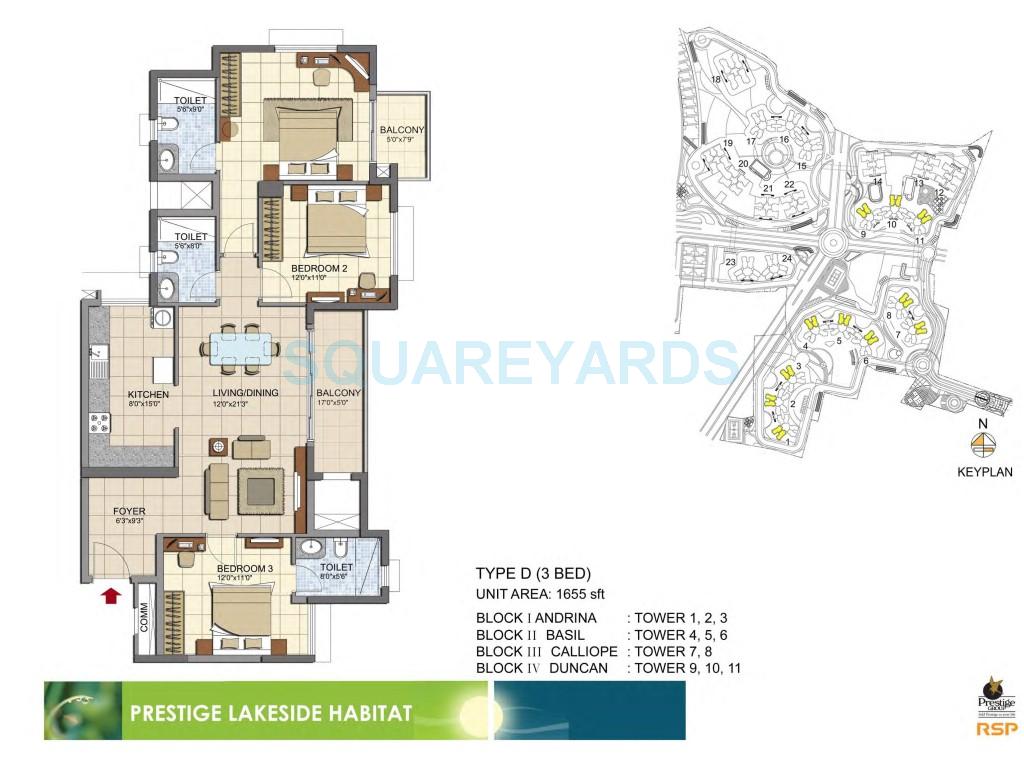 Rental 3 Bedroom 1144 Sq.Ft. Apartment in Prestige Lakeside Habitat