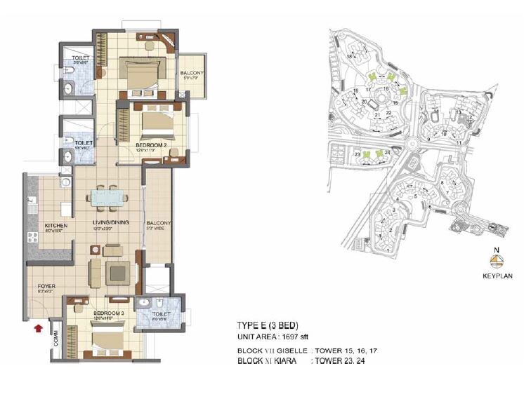 Floor plan of 3 BHK 1697 Sq. Ft. Apartment in Prestige Lakeside Habitat Apartments, Bangalore