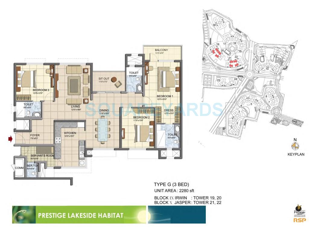 Floor plan of 3 BHK 2280 Sq. Ft. Apartment in Prestige Lakeside Habitat Apartments, Bangalore