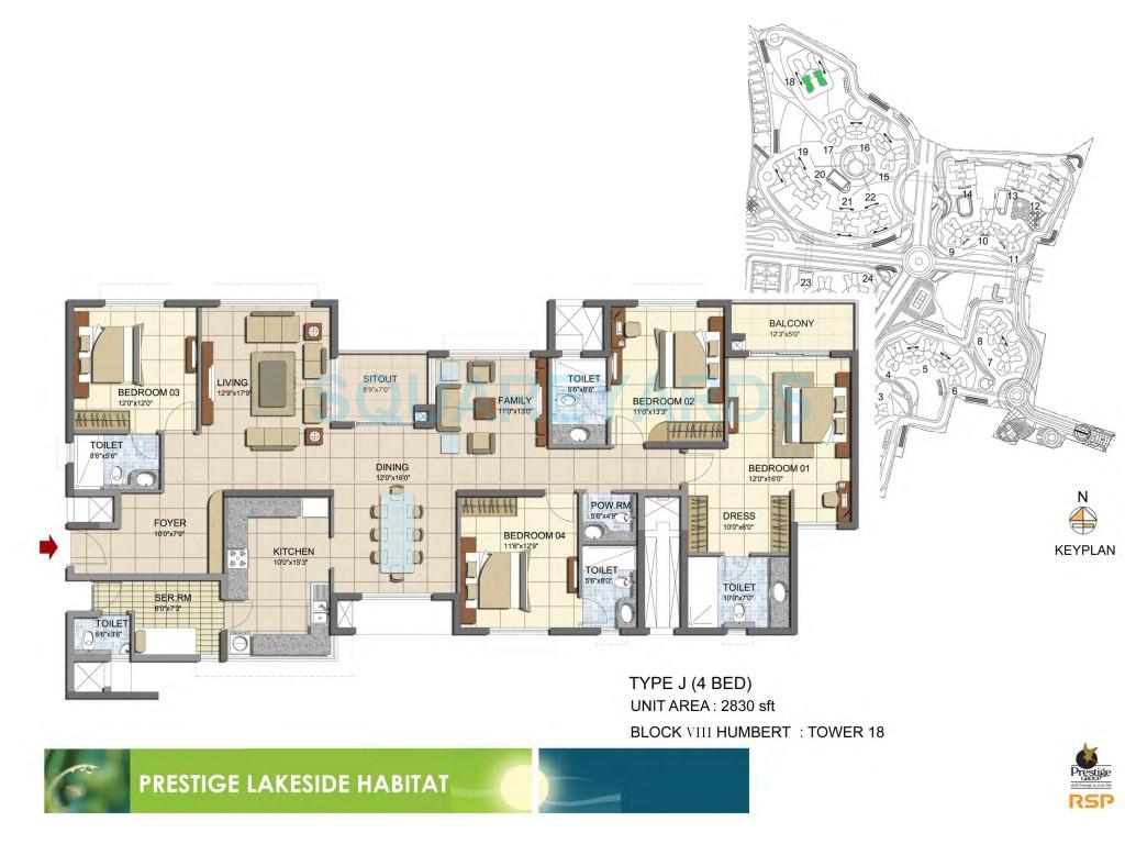 Rental 4 Bedroom 2830 Sq.Ft. Apartment in Prestige Lakeside Habitat