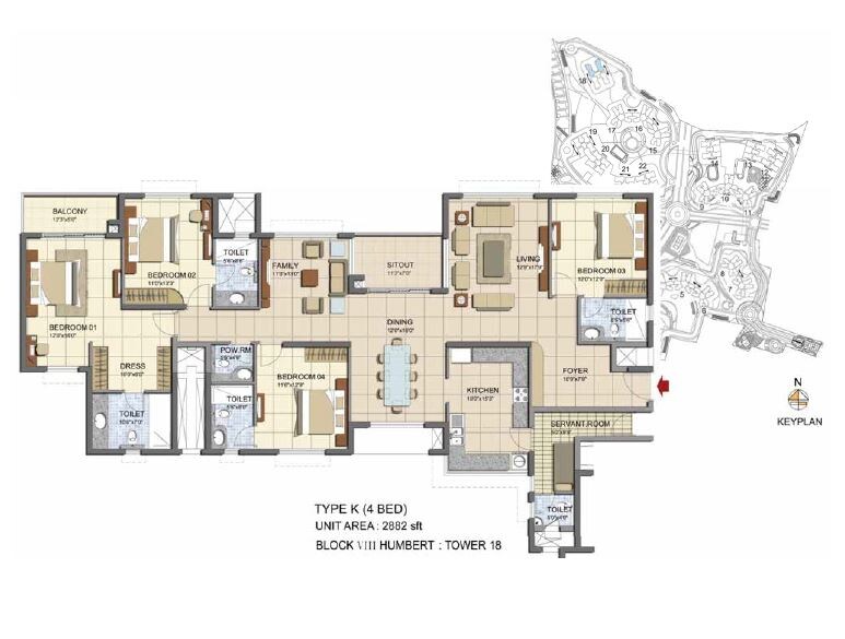 Floor plan of 4 BHK 2882 Sq. Ft. Apartment in Prestige Lakeside Habitat Apartments, Bangalore