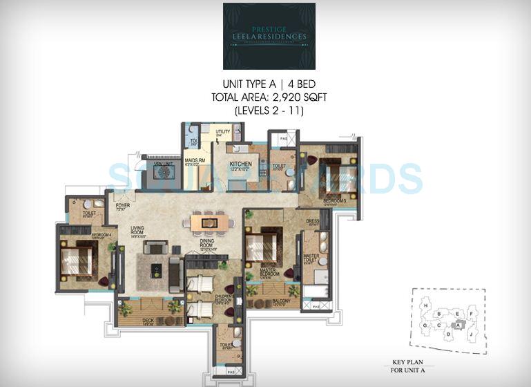 Floor plan of 4 BHK 2920 Sq. Ft. Apartment in Prestige Leela Residency, Bangalore