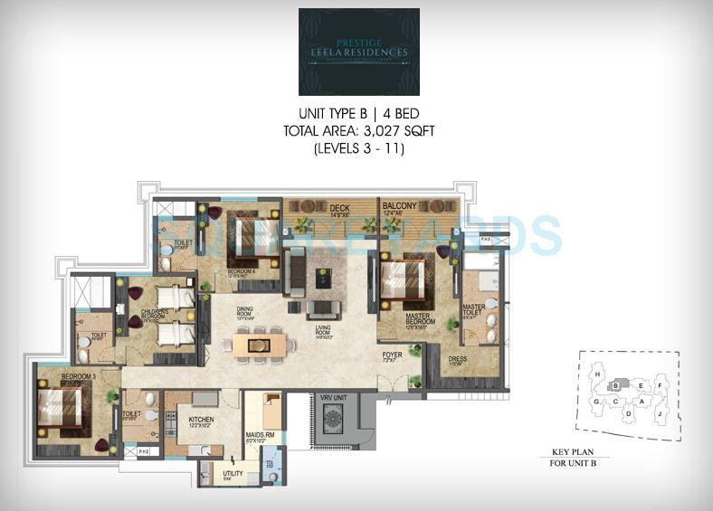 Floor plan of 4 BHK 3027 Sq. Ft. Apartment in Prestige Leela Residency, Bangalore