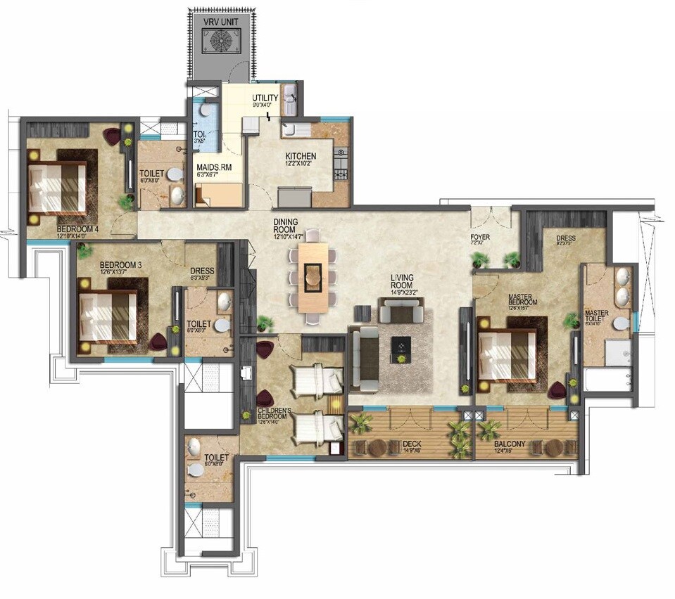 Floor plan of 4 BHK 3039 Sq. Ft. Apartment in Prestige Leela Residency, Bangalore