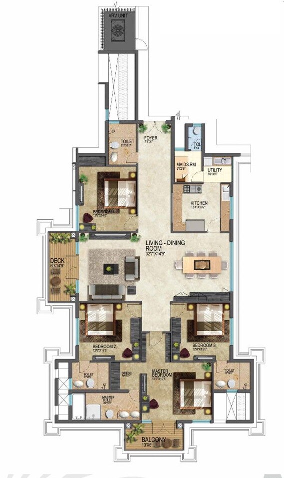 Floor plan of 4 BHK 3046 Sq. Ft. Apartment in Prestige Leela Residency, Bangalore