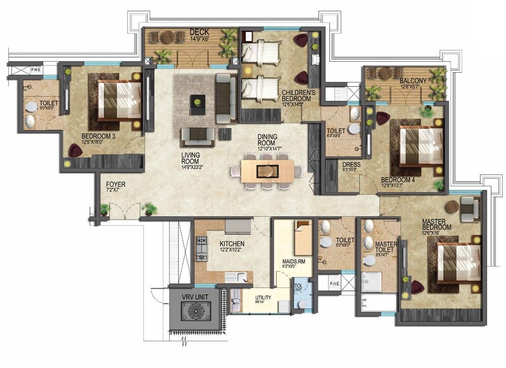 Floor plan of 4 BHK 3053 Sq. Ft. Apartment in Prestige Leela Residency, Bangalore