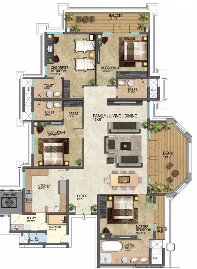 Floor plan of 4 BHK 3627 Sq. Ft. Apartment in Prestige Leela Residency, Bangalore