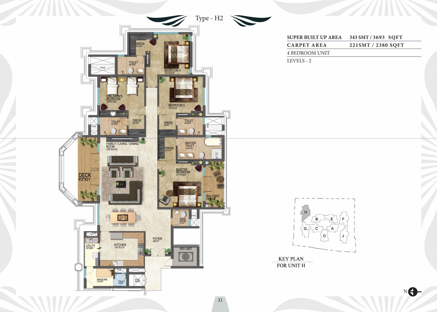 Floor plan of 4 BHK 3693 Sq. Ft. Apartment in Prestige Leela Residency, Bangalore