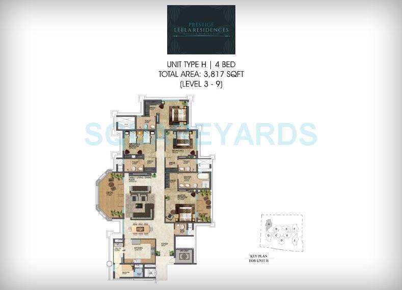 Floor plan of 4 BHK 3817 Sq. Ft. Apartment in Prestige Leela Residency, Bangalore