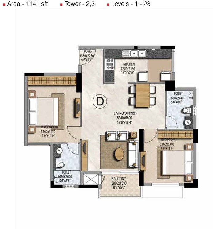 Floor plan of 2 BHK 1141 Sq. Ft. Apartment in Prestige Misty Waters, Bangalore