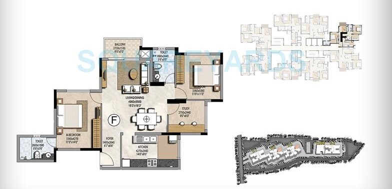 Floor plan of 2 BHK 1294 Sq. Ft. Apartment in Prestige Misty Waters, Bangalore