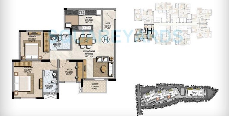 Floor plan of 2 BHK 1351 Sq. Ft. Apartment in Prestige Misty Waters, Bangalore