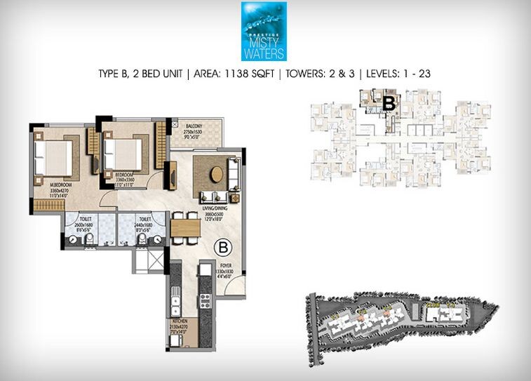 Floor plan of 2 BHK 1138 Sq. Ft. Apartment in Prestige Misty Waters, Bangalore
