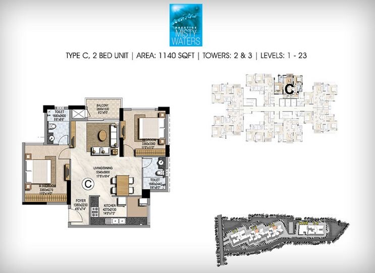 Floor plan of 2 BHK 1140 Sq. Ft. Apartment in Prestige Misty Waters, Bangalore