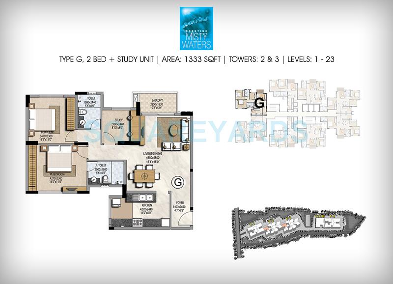 Floor plan of 2 BHK 1333 Sq. Ft. Apartment in Prestige Misty Waters, Bangalore