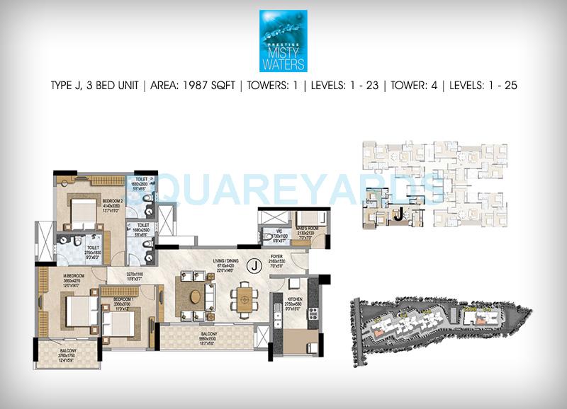 Floor plan of 3 BHK 1987 Sq. Ft. Apartment in Prestige Misty Waters, Bangalore