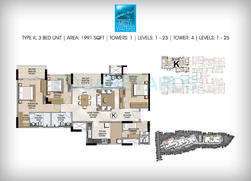 Floor plan of 3 BHK 1991 Sq. Ft. Apartment in Prestige Misty Waters, Bangalore