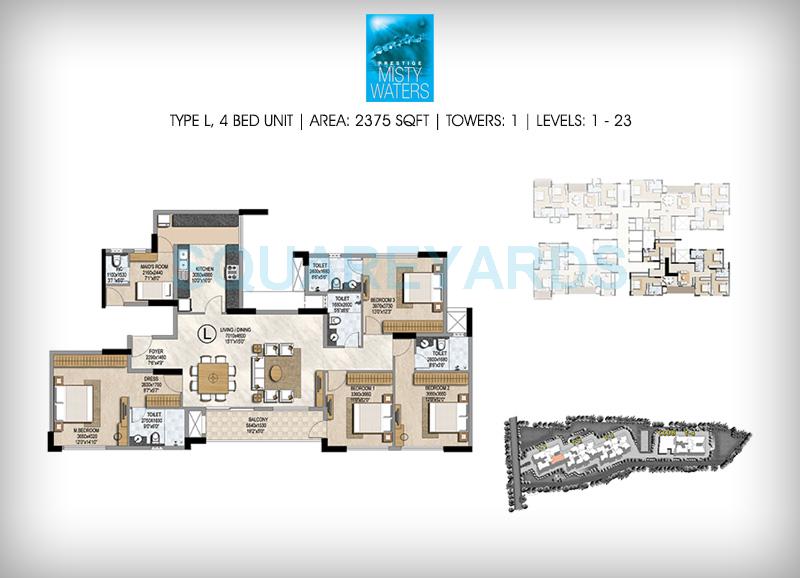 Floor plan of 4 BHK 2375 Sq. Ft. Apartment in Prestige Misty Waters, Bangalore