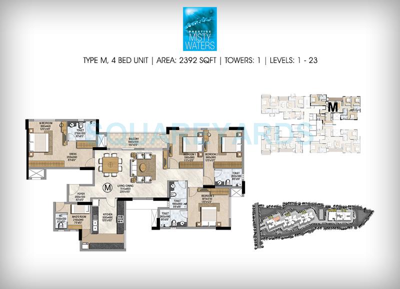 Floor plan of 4 BHK 2392 Sq. Ft. Apartment in Prestige Misty Waters, Bangalore