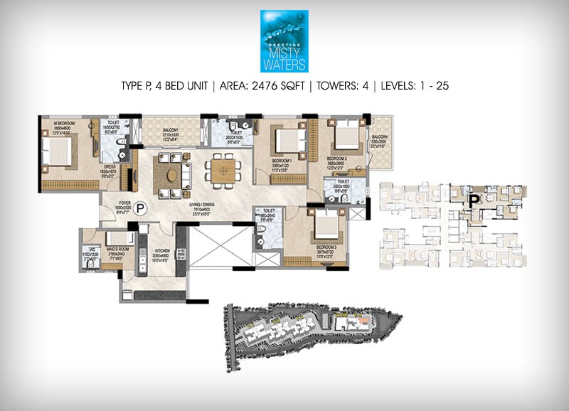 Floor plan of 4 BHK 2476 Sq. Ft. Apartment in Prestige Misty Waters, Bangalore