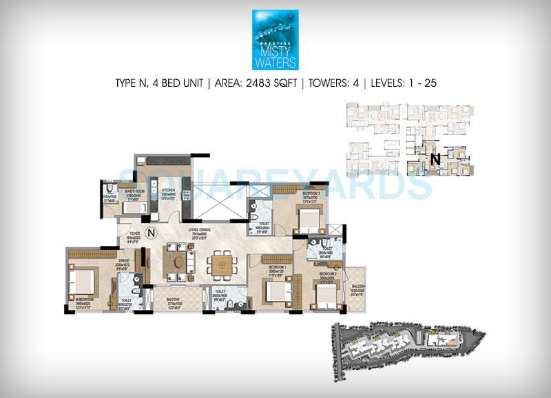 Floor plan of 4 BHK 2483 Sq. Ft. Apartment in Prestige Misty Waters, Bangalore