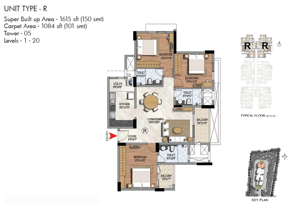 Floor plan of 3 BHK 1615 Sq. Ft. Apartment in Prestige Misty Waters Phase II, Bangalore