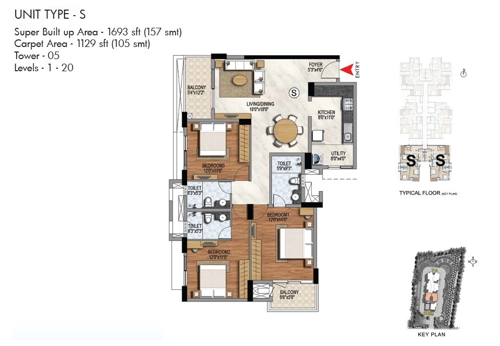 Floor plan of 3 BHK 1693 Sq. Ft. Apartment in Prestige Misty Waters Phase II, Bangalore