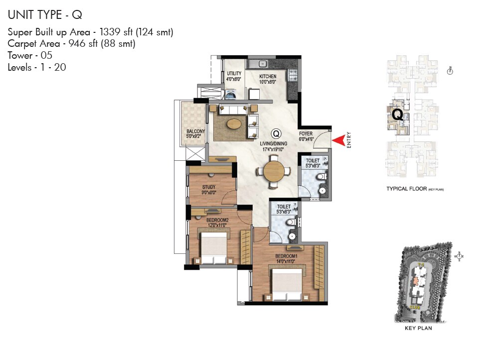 Floor plan of 2 BHK 1339 Sq. Ft. Apartment in Prestige Misty Waters Vista Towers, Bangalore